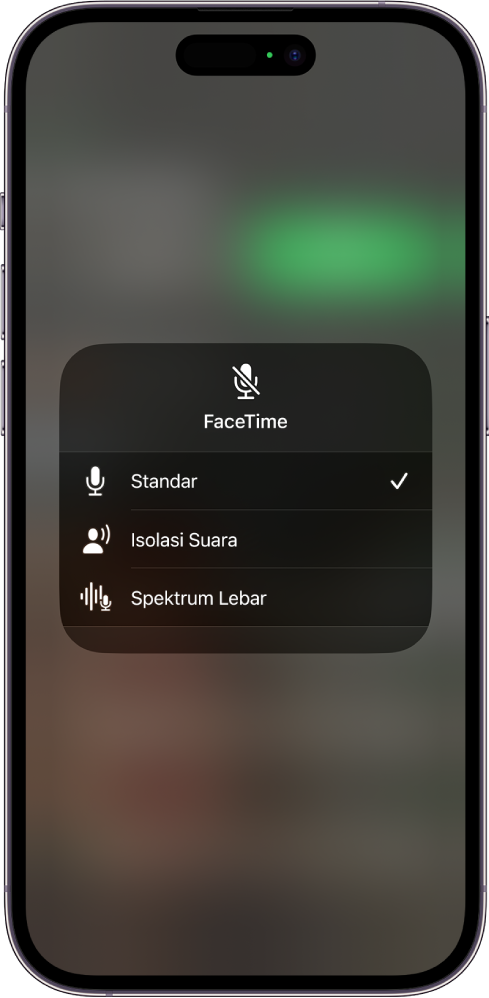 Pengaturan Mode Mik Pusat Kontrol untuk panggilan FaceTime, menampilkan pengaturan audio Standar, Isolasi Suara, dan Spektrum Lebar.