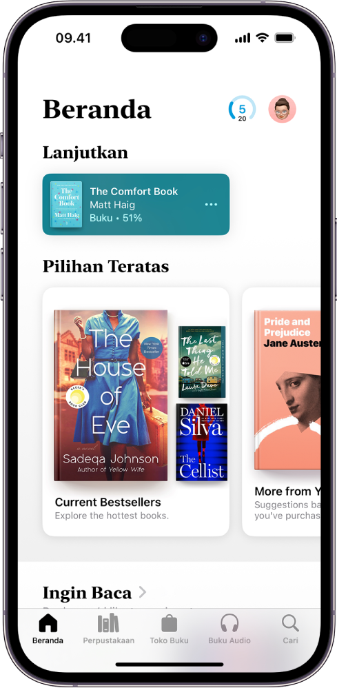Layar Beranda di app Buku. Di bagian bawah layar, dari kiri ke kanan, terdapat tab Beranda, Perpustakaan, Toko Buku, Buku Audio, dan Cari. Tab Beranda dipilih.