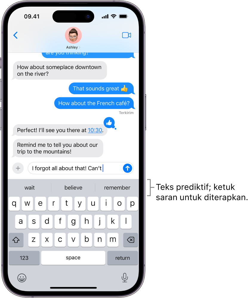 Papan ketik pada layar terbuka di app Pesan. Teks dimasukkan di bidang teks dan di atas papan ketik adalah saran teks prediktif untuk kata berikutnya.