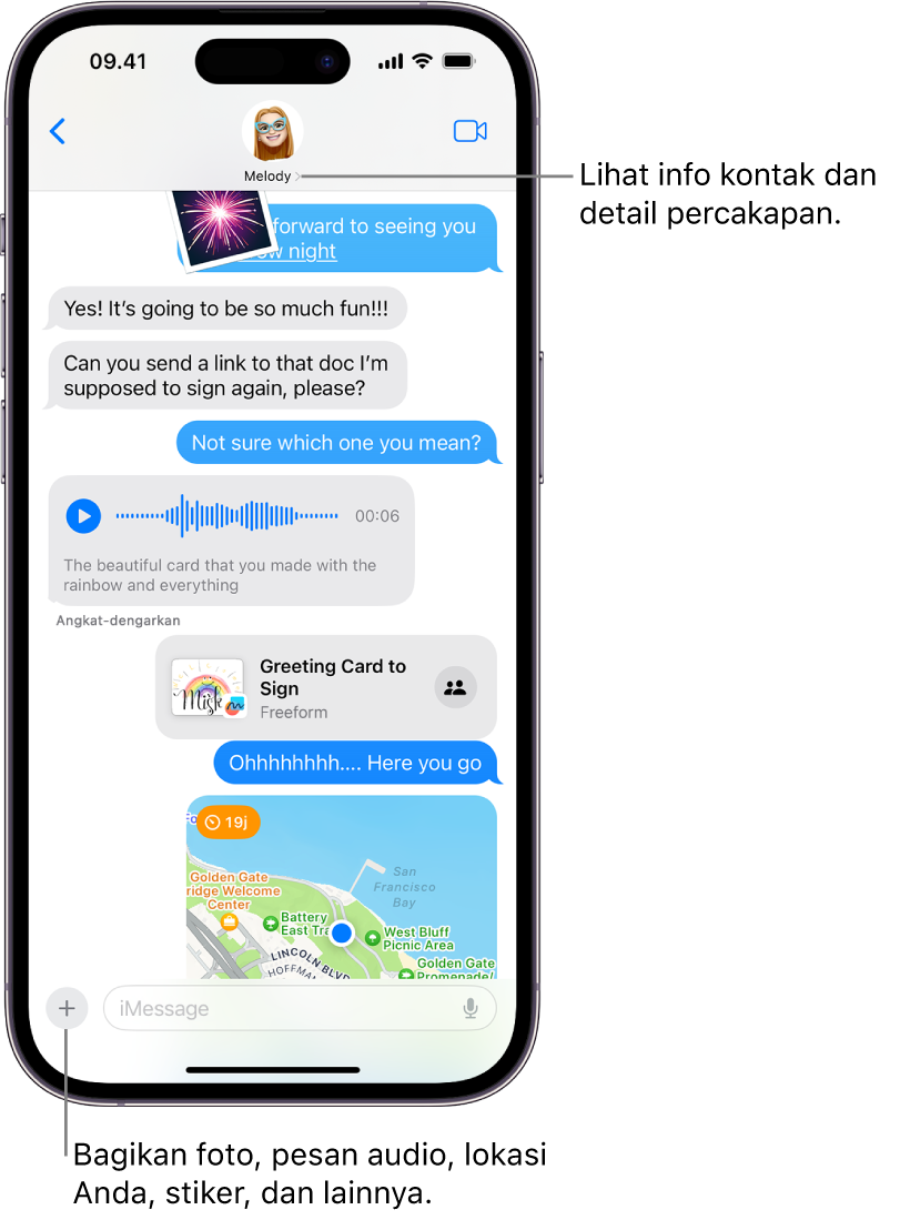 Percakapan pesan. Nama orang yang Anda kirimi pesan berada di bagian atas layar. Anda dapat mengetuk namanya untuk melihat detail percakapan. Tombol Tambah ada di pojok kiri bawah.