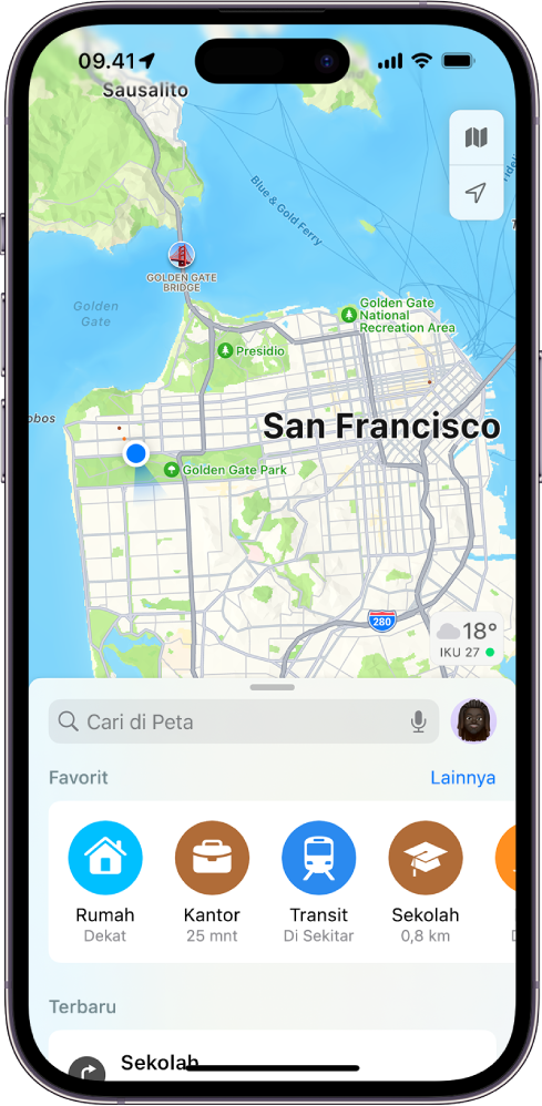 Layar Peta menampilkan bidang pencarian di setengah bawah layar. Di bawah bidang pencarian adalah lokasi berikut yang disimpan sebagai Favorit: Rumah, Kantor, Transit, dan Sekolah.