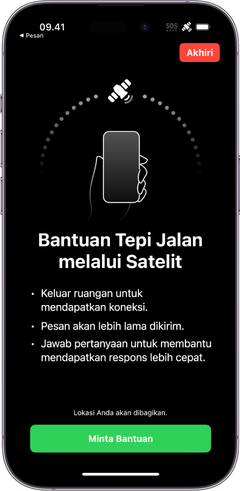 Layar Bantuan Tepi Jalan melalui satelit. Tombol Minta Bantuan ada di bagian bawah layar.