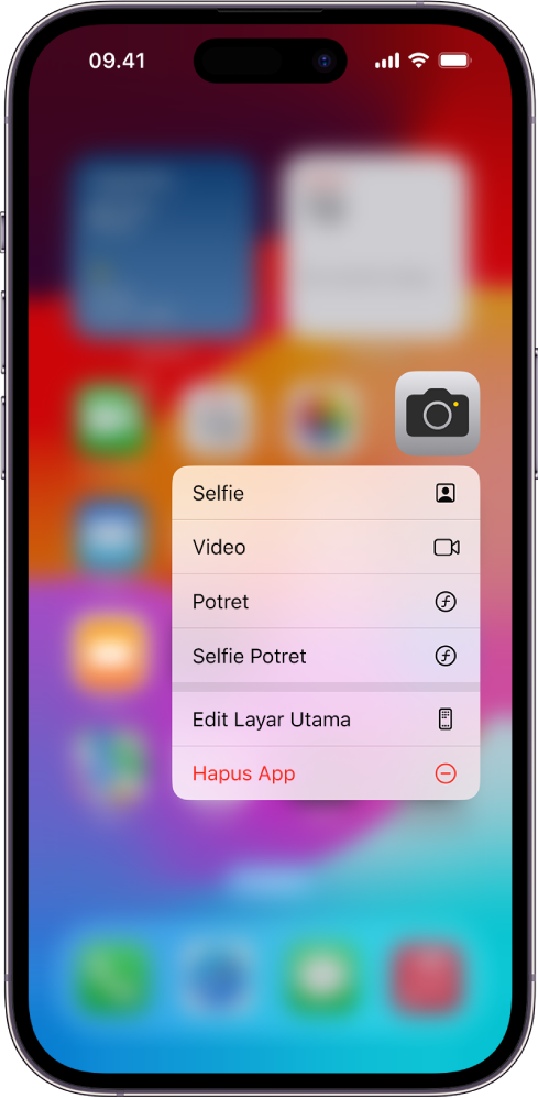 Layar Utama yang dikaburkan, dengan menu tindakan cepat Kamera ditampilkan di bawah ikon app Kamera.