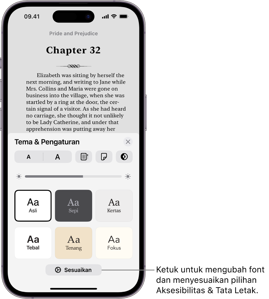 Halaman buku di app Buku. Pilihan Tema & Pengaturan menampilkan kontrol untuk ukuran font, tampilan pengguliran, gaya membalik halaman, kecerahan, dan gaya font.