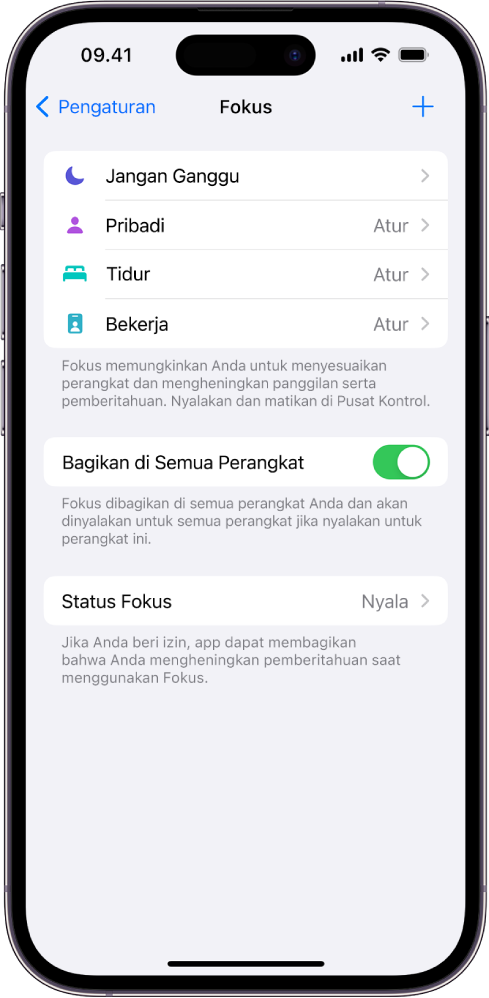Layar menampilkan empat pilihan Fokus yang disediakan—Jangan Ganggu, Pribadi, Tidur, dan Bekerja. Tombol Bagikan di Semua Perangkat memungkinkan Anda untuk menggunakan pengaturan Fokus yang sama di semua perangkat Apple Anda yang masuk dengan ID Apple yang sama.
