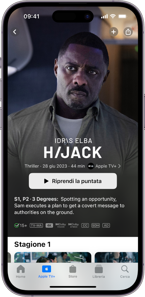 La schermata di Apple TV+ che mostra un contenuto Apple Originals in primo piano, con il titolo, il pulsante “Riprendi puntata” e una descrizione della puntata. In basso, da sinistra a destra, sono presenti i pannelli Home, Apple TV+, Store, Libreria e Cerca.