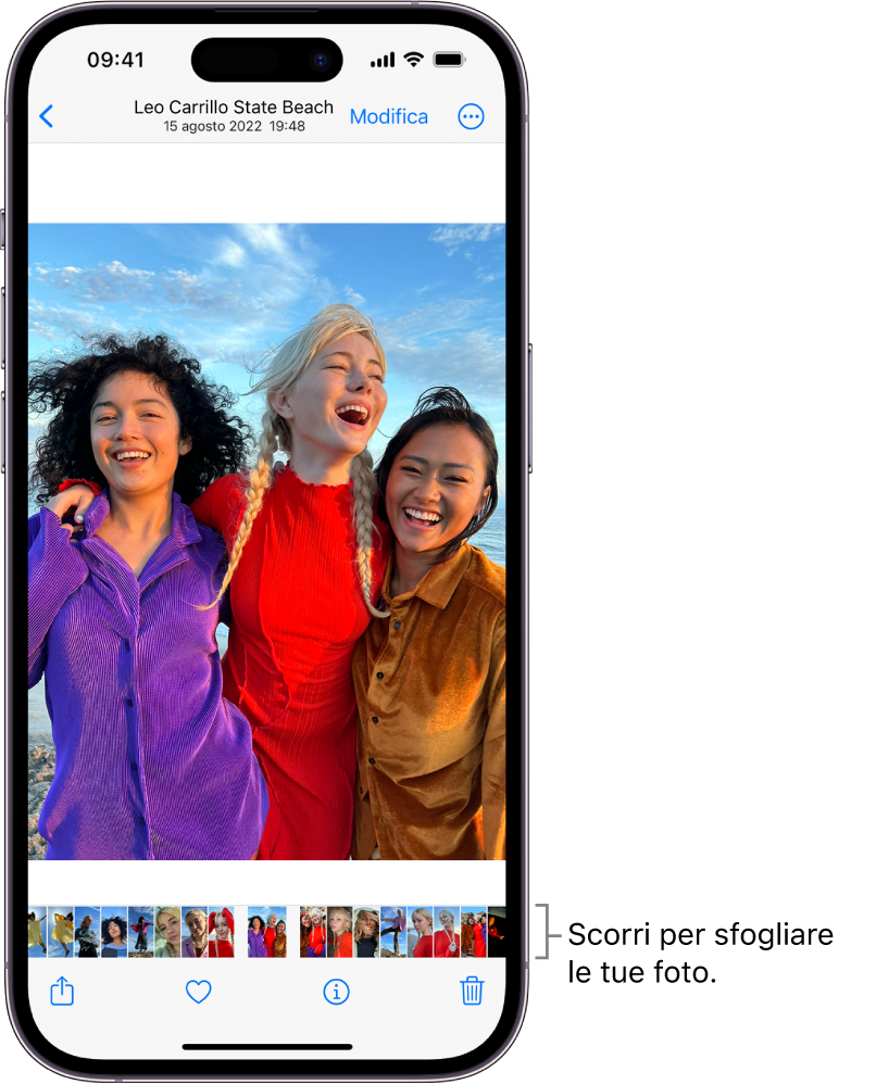 Una foto con miniature di altre foto nella parte inferiore dello schermo. In alto a sinistra è presente un pulsante Indietro, che ti riporta al pannello in cui stavi sfogliando i file. Lungo la parte inferiore dello schermo sono presenti i pulsanti Condividi, “Mi piace” ed Elimina. In alto a destra è presente il pulsante Modifica.