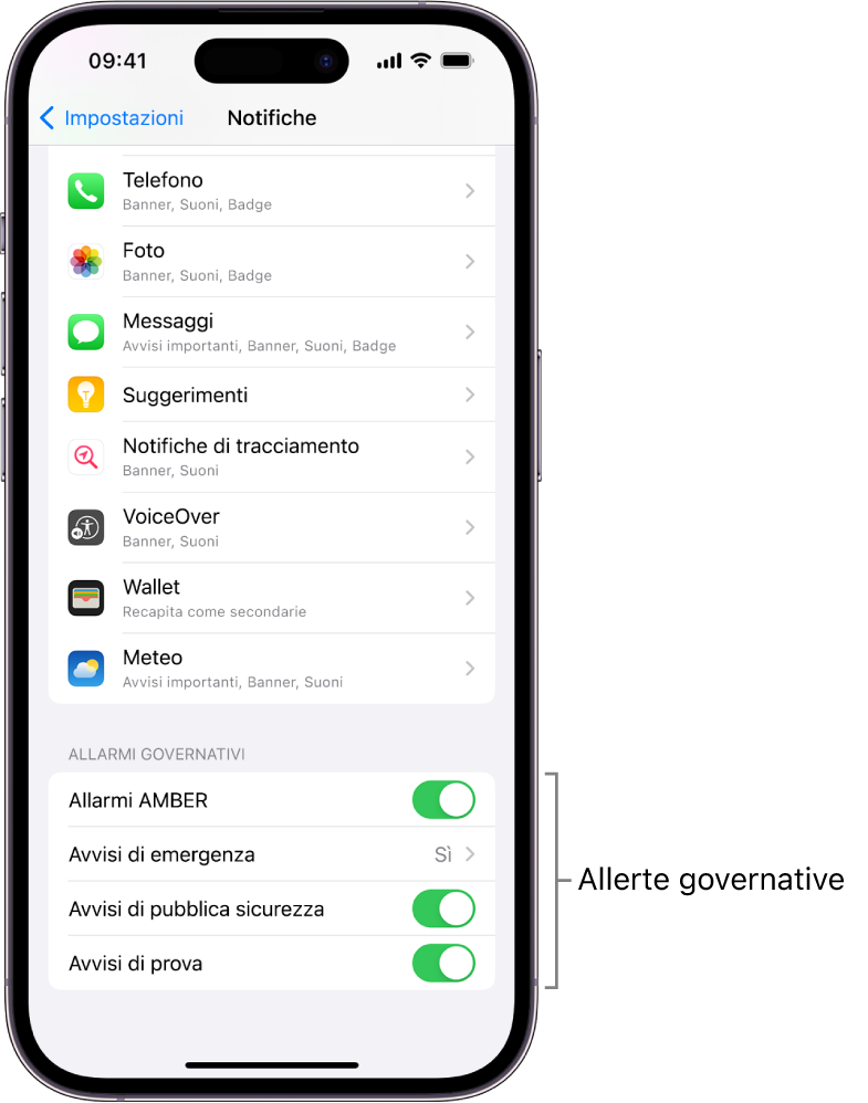 La schermata di Notifiche che mostra gli allarmi governativi che puoi attivare per riceverli.