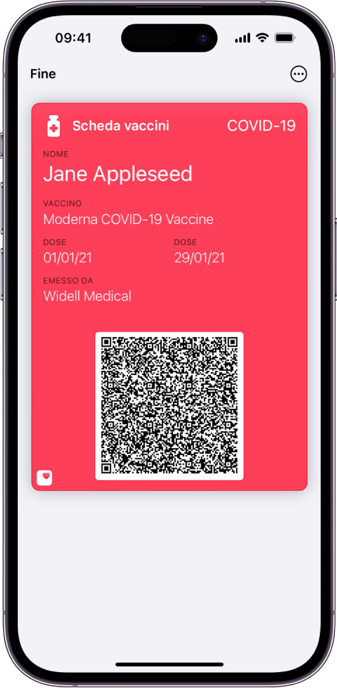 Una scheda vaccini nell’app Wallet.