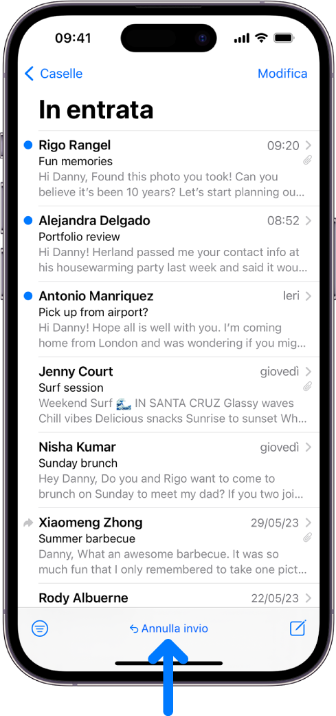 La casella Entrata che mostra un elenco di email. Il pulsante “Annulla invio” (per richiamare un’email inviata di recente) si trova al centro della parte inferiore dello schermo.