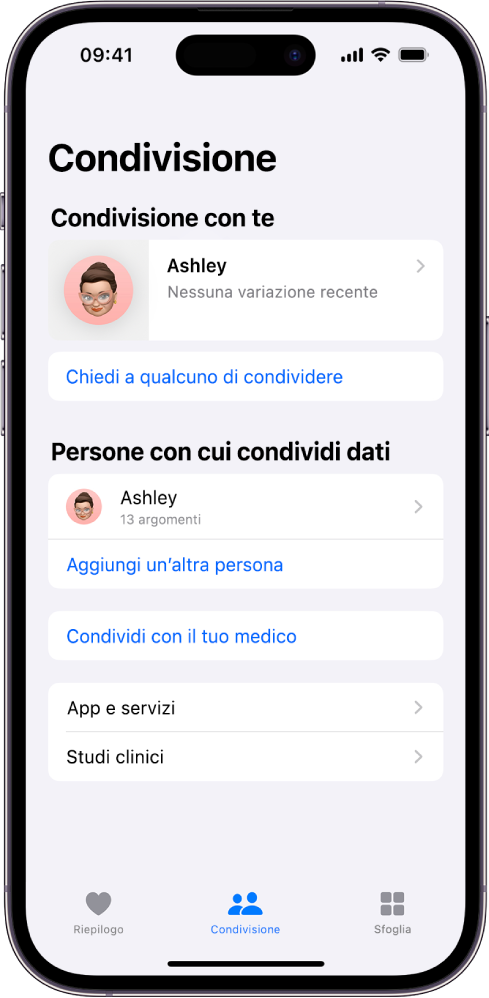 La schermata Condivisione nell’app Salute.