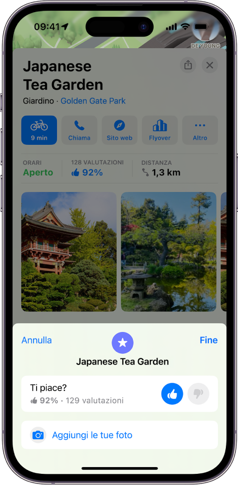 Una scheda informativa che mostra la valutazione complessiva per un luogo, l’icona con il pollice verso l’alto selezionata e un pulsante per aggiungere le foto.
