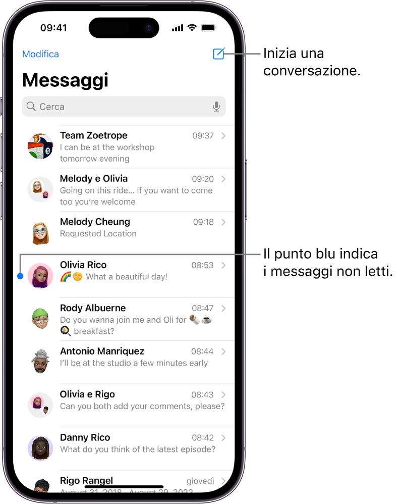 L’elenco delle conversazioni di Messaggi, con il pulsante Componi in alto a destra. Un pallino blu a sinistra del messaggio indica che non è stato letto.