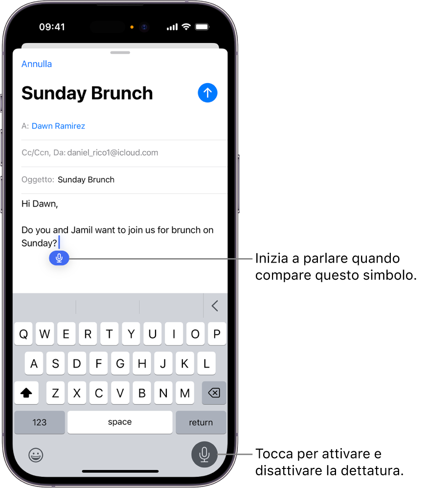 Nell’app Mail è aperta la tastiera su schermo. Il pulsante Dettatura nell’angolo in basso a destra dello schermo è selezionato e il pulsante Dettatura compare sotto il punto di inserimento nel campo di testo.