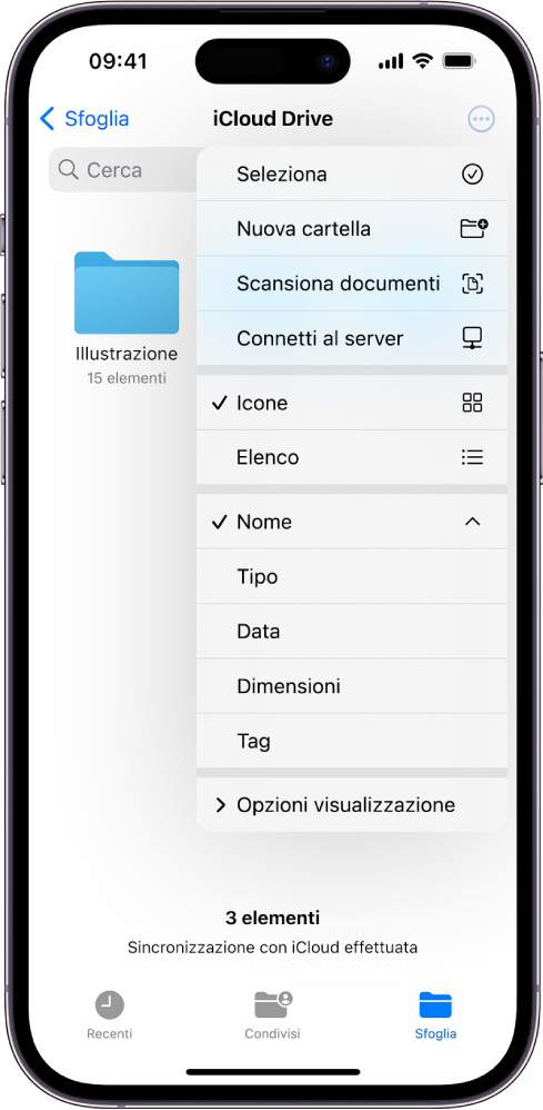 L’app File con il pulsante Altro selezionato. Nel menu che viene visualizzato sono presenti le opzioni per Seleziona, “Nuova cartella”, “Scansiona documenti” e “Connetti al server”. Sotto sono presenti le opzioni per visualizzare gli elementi sullo schermo come icone o elenco. In basso, sono presenti le opzioni per organizzare i contenuti in base a Nome, Tipo, Data, Dimensioni e Tag, seguite dalle “Opzioni di visualizzazione”.