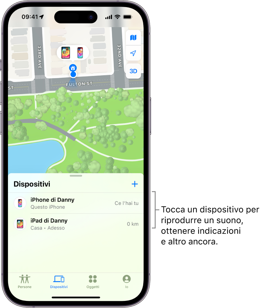 La schermata di Dov’è aperta sull’elenco Dispositivi. Nell’elenco sono visibili due dispositivi: l’iPhone e l’iPad di Danny Le loro posizioni sono mostrate su una mappa.