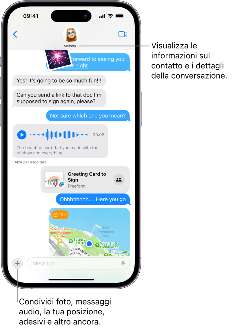 Una conversazione di Messaggi. Il nome della persona a cui stai inviando i messaggi viene visualizzato nella parte superiore dello schermo. Toccando il suo nome, vengono visualizzati i dettagli della conversazione. Il pulsante Aggiungi è in basso a sinistra.