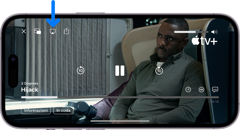 Un film in riproduzione sullo schermo di iPhone. Al centro dello schermo sono presenti i controlli di riproduzione. In alto a sinistra è presente il pulsante AirPlay.