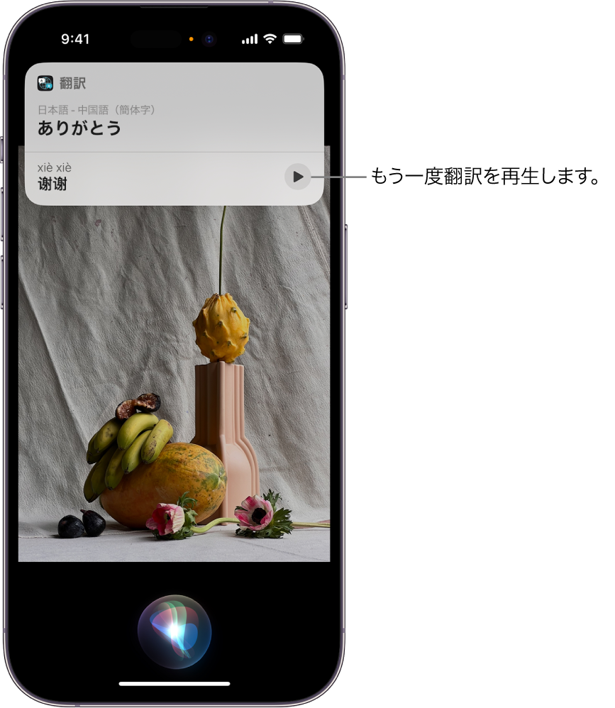 iPhoneの画面。下部に「ご用件は何でしょう?」画面、上部にはSiriからの応答が翻訳（英語から中国語）の形式で表示されています。