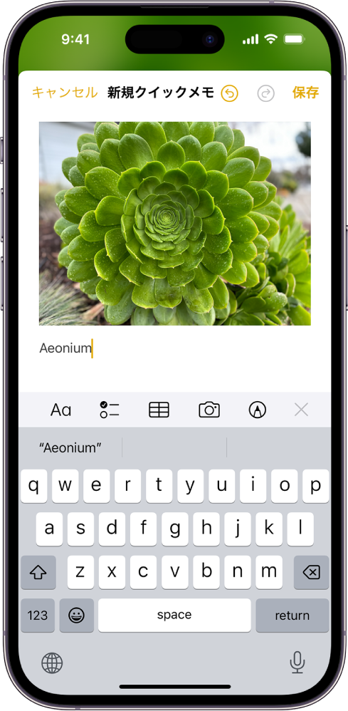 クイックメモには、下にテキストがある植物の写真が表示されています。