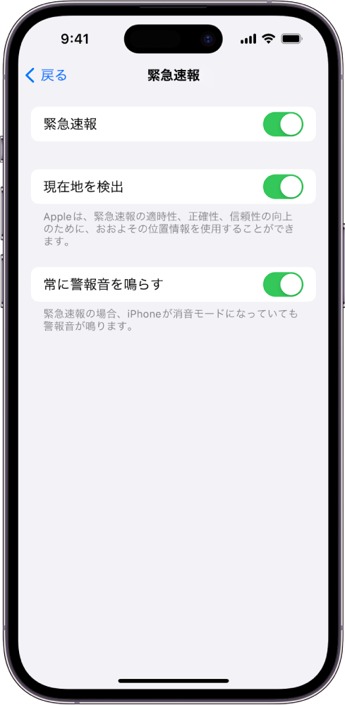 「緊急速報」画面。「緊急速報」、「現在地を検出」、および「常に警報音を鳴らす」がオンになっています。
