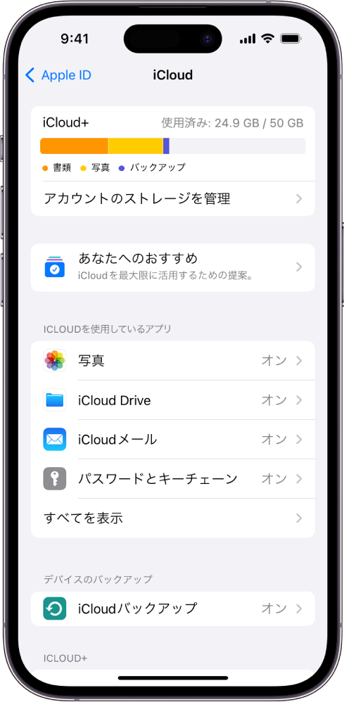 iCloud設定画面。iCloudストレージメーターと、「写真」、「iCloud Drive」、「iCloudバックアップ」など、iCloudと連携する機能のリストが表示されています。