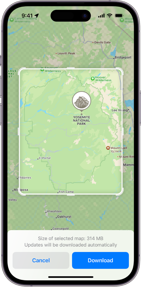 Programoje „Maps“ pasirinkta žemėlapio dalis. Ekrano apačioje yra mygtukai „Cancel“ ir „Download“.