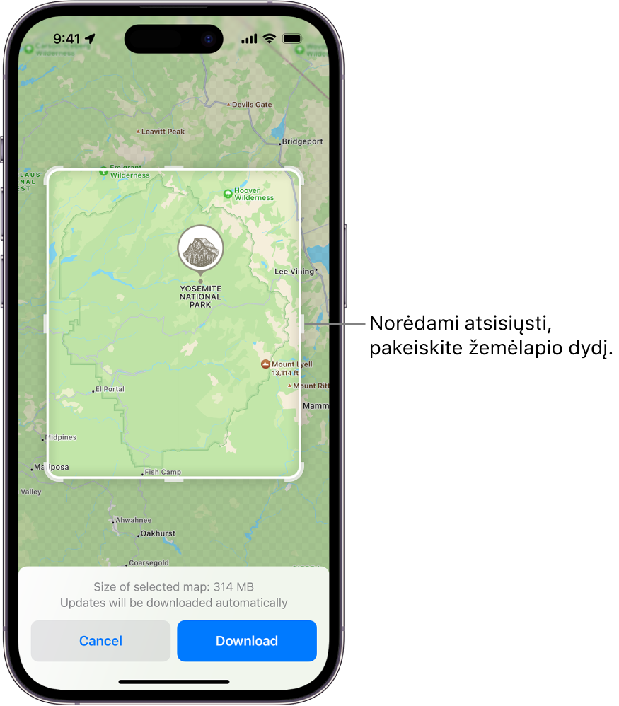 Nacionalinio parko žemėlapis. Parkas įrėmintas stačiakampiu su rankenėlėmis, kurias pajudinus galima keisti atsisiunčiamo žemėlapio dydį. Pasirinkto žemėlapio atsisiuntimo dydis rodomas šalia žemėlapio apačios. Mygtukai „Cancel“ ir „Download“ yra ekrano apačioje.