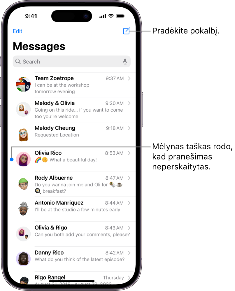 „Messages“ pokalbių sąrašas su mygtuku „Compose“ viršuje dešinėje. Mėlynas taškas pranešimo kairėje reiškia, kad jis neperskaitytas.