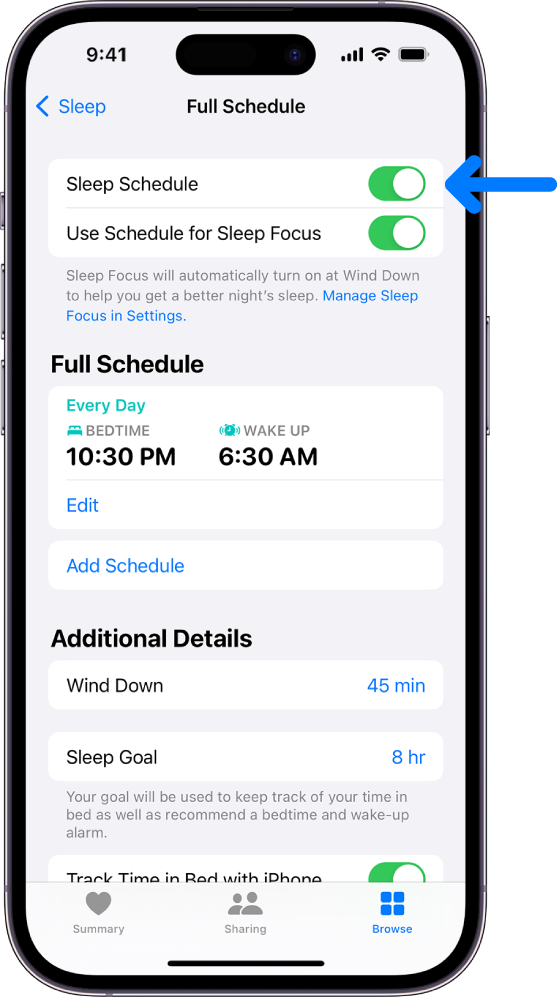 Programos „Health“ miegojimo ekrano „Full Schedule“ viršuje rodoma įjungta parinktis „Sleep Schedule“.