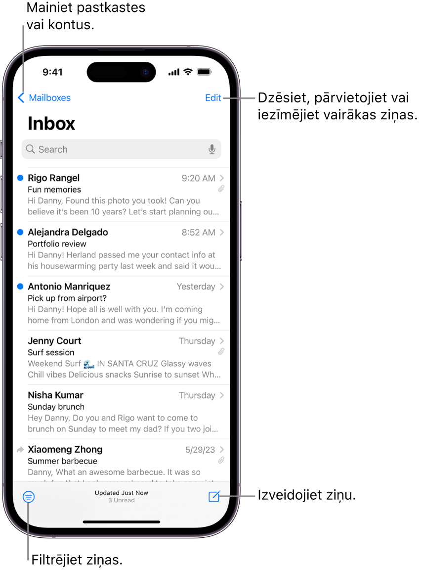 Mail iesūtne ar e-pasta ziņojumu sarakstu.