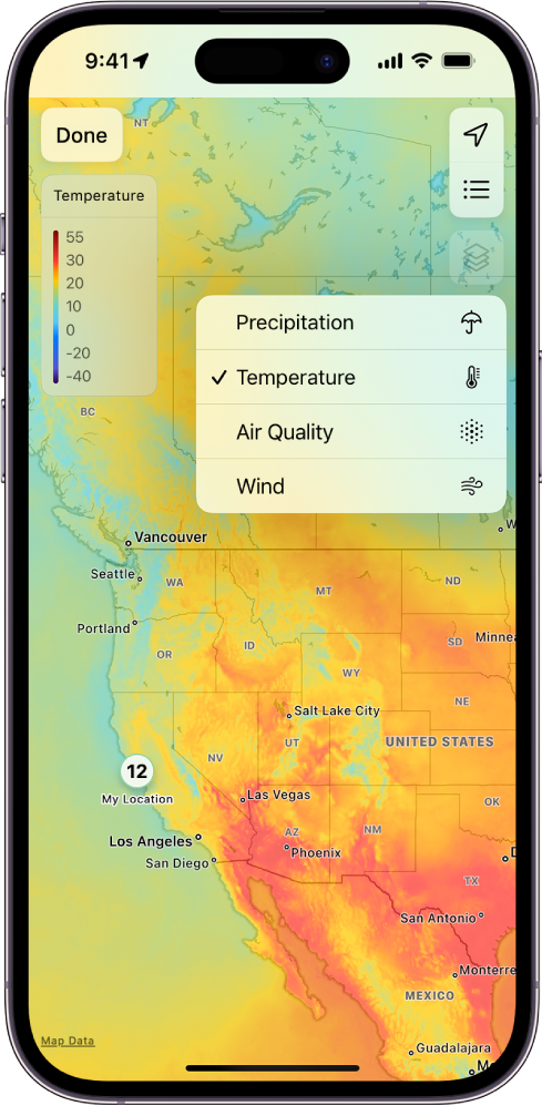 Ekrānu aizpilda apkārtējās teritorijas temperatūras karte. Augšējā labajā stūrī no augšas uz leju ir redzamas pogas Current Location, Favorite Locations un Overlay Menu. Ir atlasīta poga Overlay Menu, kā arī redzamas šādas pogas: Precipitation, Temperature, Air Quality un Wind. Ir atlasīta poga Temperature. Augšējā kreisajā stūrī atrodas poga Done un Temperature Map Overlay Scale.