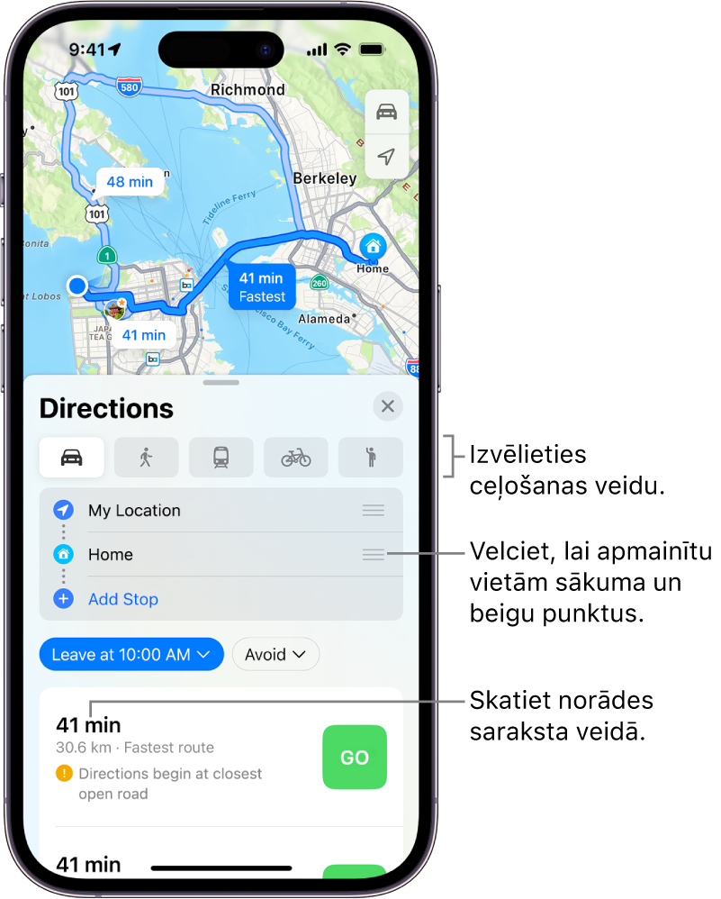 Karte, kurā parādīti vairāki braukšanas maršruti starp divām vietām ar opcijām, lai izvēlētos citus transporta veidus, mainītu sākuma punktu un galamērķi un skatītu norādes sarakstā.