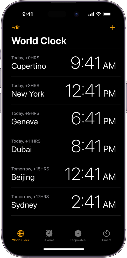 Cilne World Clock, kurā parādīts, cik pulkstenis dažādās pilsētās. Poga Edit augšējā kreisajā stūrī ļauj jums pārkārtot vai izdzēst pulksteņus. Poga Add augšējā labajā stūrī ļauj jums pievienot papildu pulksteņus. Apakšdaļā ir izkārtotas pogas World Clock, Alarm, Stopwatch un Timers.