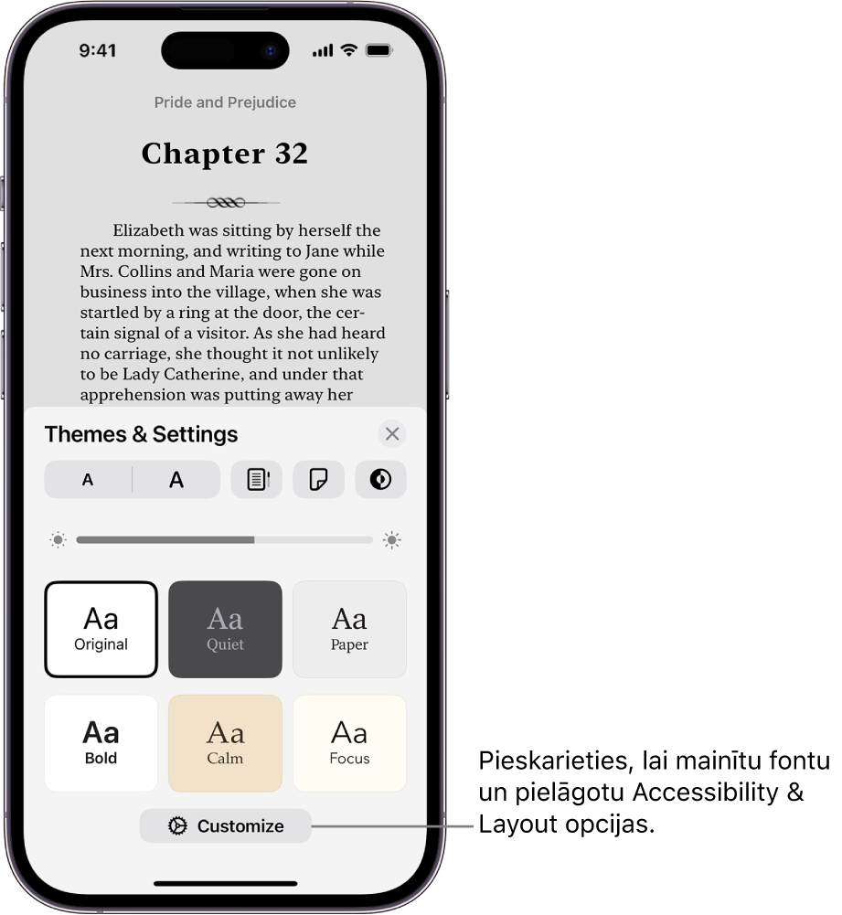 Grāmatas lappuses lietotnē Books. Opcijas Themes un Settings, kurā redzami vadības elementi fonta lielumam, ritināšanas skatam, lapas pāršķiršanas stilam, spilgtumam un fontu stilam.
