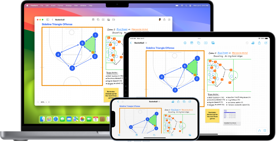 Mac dators, iPad ierīce un iPhone tālrunis ar atvērtu lietotni Freeform.