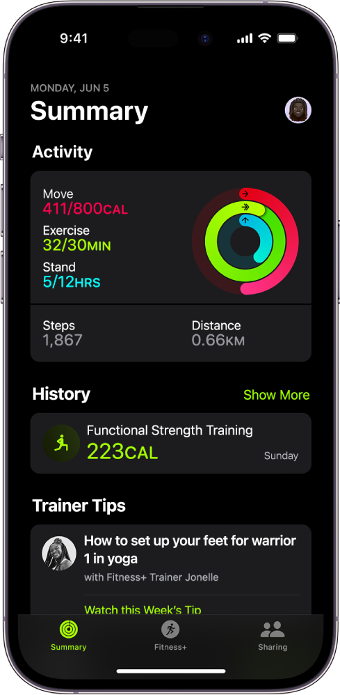 Kopsavilkuma ekrāns lietotnē Fitness, kur redzamas zonas Activity, History un Trainer Tips.