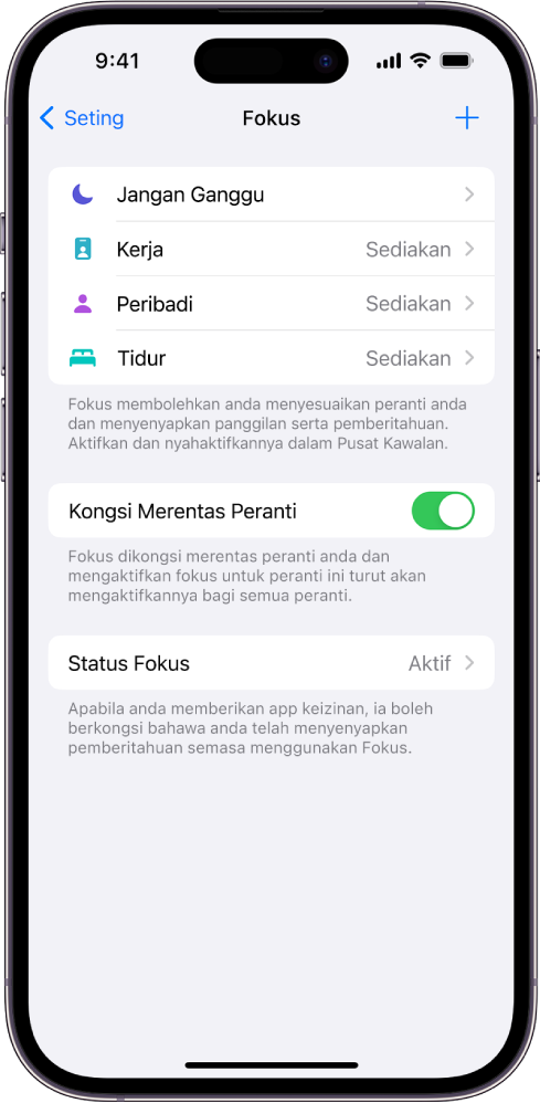 Skrin menunjukkan empat pilihan Fokus yang disediakan—Jangan Ganggu, Peribadi, Tidur dan Bekerja. Butang Kongsi Merentas Peranti membolehkan anda menggunakan seting Fokus yang sama pada semua peranti Apple yang anda daftar masuk dengan Apple ID yang sama.