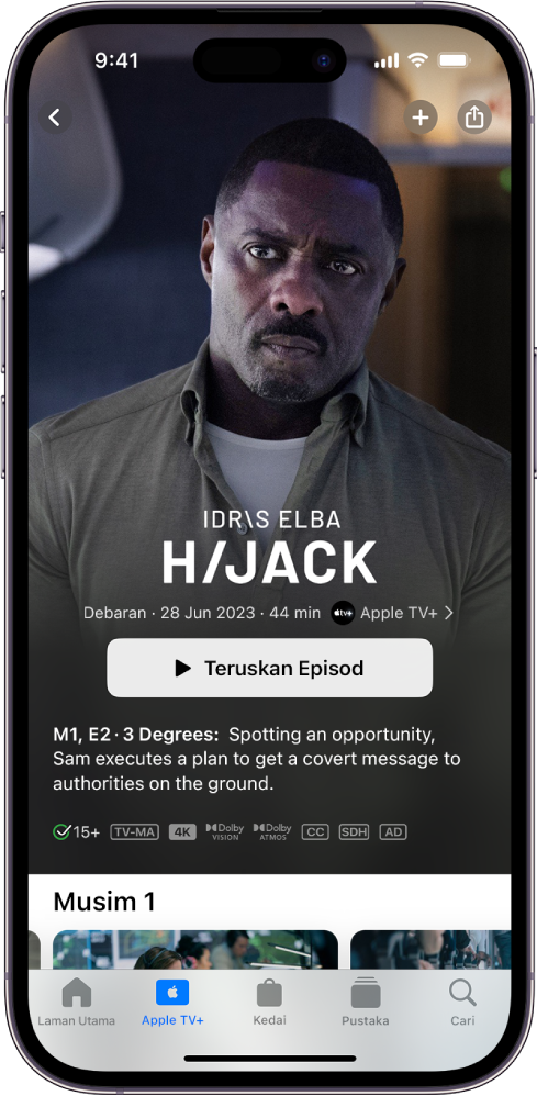 Skrin Apple TV+ menunjukkan Apple Original ditampilkan dengan tajuk, butang Teruskan Episod dan perihalan episod. Di bahagian bawah, dari kiri ke kanan, ialah tab Laman Utama, Apple TV+, Kedai, Pustaka dan Cari.