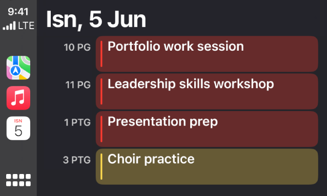 CarPlay menunjukkan Peta, Muzik dan Kalendar dalam Bar Sisi. Di sebelah kanan ialah peristiwa untuk hari Isnin, 5 Jun untuk sesi kerja portfolio, bengkel kemahiran kepimpinan, persediaan pembentangan dan latihan koir.