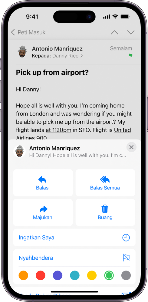 E-mel menunjukkan pilihan balas di separuh bawah skrin, termasuk butang Nyahbendera dan pilihan warna untuk bendera.