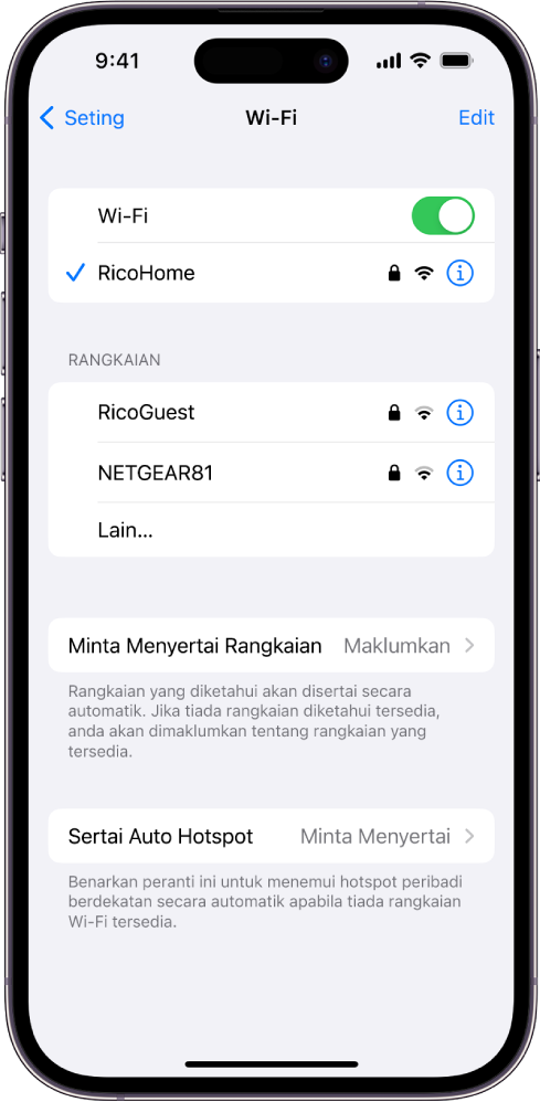 Skrin pilihan Wi-Fi dalam Seting. Wi-Fi diaktifkan dan rangkaian dipilih.