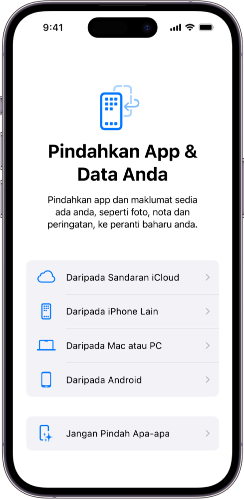 Skrin persediaan, dengan pilihan untuk memindahkan app dan data anda daripada sandaran iCloud, iPhone lain, Mac atau PC, peranti Android, atau tidak memindahkan apa-apa.