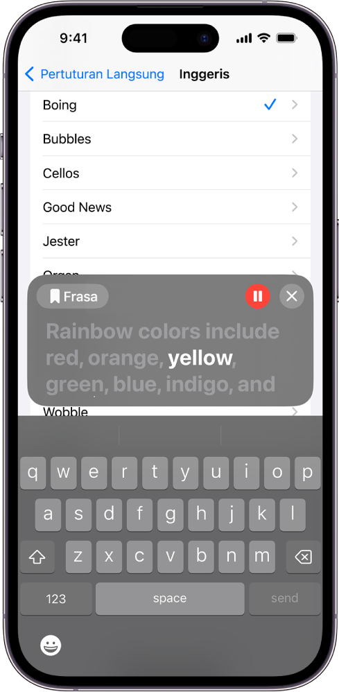 Ciri Pertuturan Langsung pada iPhone membaca lantang sebarang teks yang dimasukkan.
