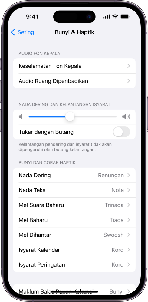 Skrin Bunyi dan Haptik dalam Seting. Pilihan atas skrin dari atas ke bawah ialah Audio Fon Kepala dan Keselamatan Fon Kepala, Nada Dering dan Kelantangan Isyarat dengan gelangsar untuk melaraskan kelantangan dan pilihan untuk menukar kelantangan dengan butang, serta Corak Bunyi dan Haptik termasuk Nada Dering dan Nada Teks.