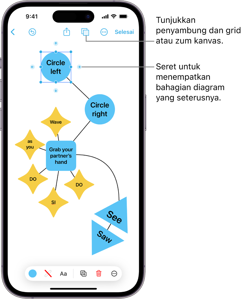 Gambar rajah pada papan Freeform, dengan penyambung ditunjukkan pada bentuk dipilih dan alat pemformatan bentuk kelihatan di bahagian bawah skrin.