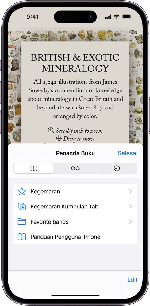 Skrin Penanda Buku dengan pilihan untuk melihat penanda buku anda, Senarai Bacaan dan sejarah pelayaran anda.