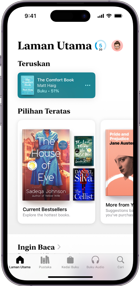 Skrin Laman Utama dalam app Buku. Di bahagian bawah skrin ialah, dari kiri ke kanan, tab Laman Utama, Pustaka, Kedai Buku, Buku Audio dan Cari. Tab Laman Utama dipilih.