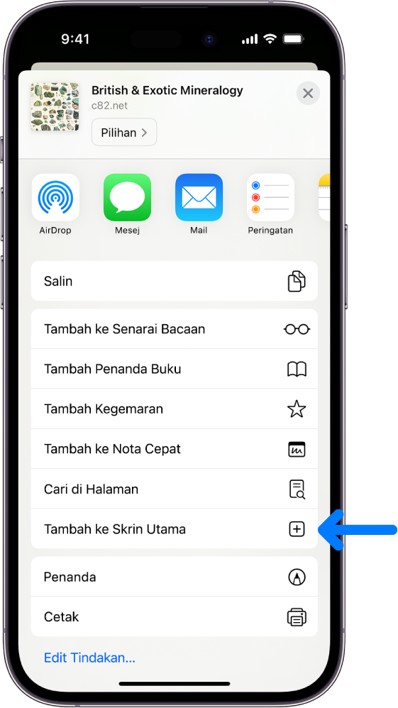 Dalam Safari, butang Kongsi pada tapak web telah diketik, memaparkan senarai pilihan, termasuk Tambah ke Skrin Utama.