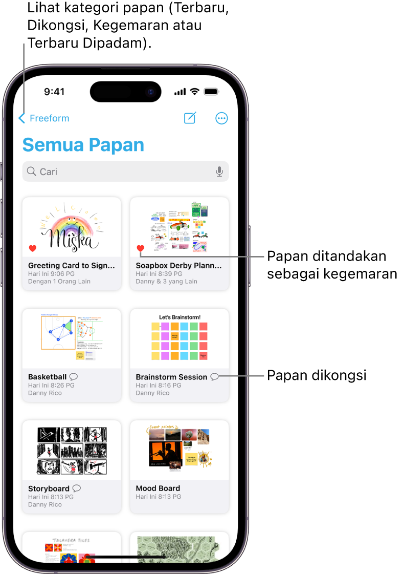 Skrin Freeform Semua Papan dibuka dan menunjukkan imej kecil lapan papan.